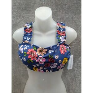 Beach Betty Bikini Top ONLY Womens Medium Blue Floral Print Ruffle Straps‎